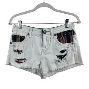 Free People White Distressed Denim Embroidered Shorts Size 25 Boho Summer